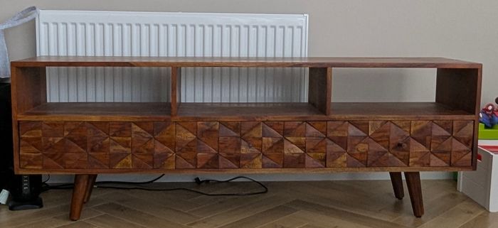 Solid Wood TV Stand with Geometric Carved Drawers