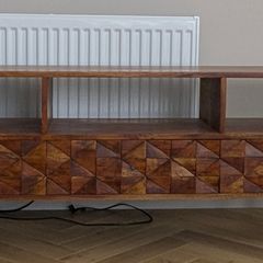 Solid Wood TV Stand with Geometric Carved Drawers