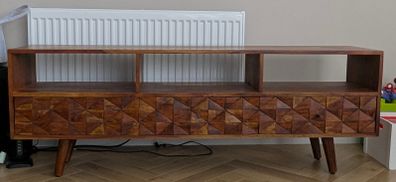 Solid Wood TV Stand with Geometric Carved Drawers