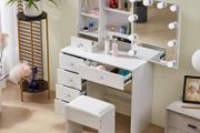Dressing Table with Sliding Mirror and Stool, Vanity Desk with Adjustable Brightness, Makeup Table with 6 Drawers and 6 Shelves, White, 80x36x131 cm