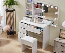 Dressing Table with Sliding Mirror and Stool, Vanity Desk with Adjustable Brightness, Makeup Table with 6 Drawers and 6 Shelves, White, 80x36x131 cm