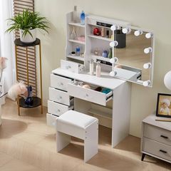 Dressing Table with Sliding Mirror and Stool, Vanity Desk with Adjustable Brightness, Makeup Table with 6 Drawers and 6 Shelves, White, 80x36x131 cm