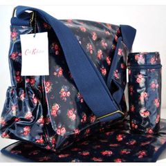 Cath Kidston Navy Blue Floral Oilcloth Messenger Baby Changing Bag with Mat