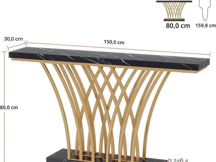 Gold Console Table, 150 x 29.5 x 80 with Lattice Metal Base for Entrance,