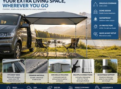 Camper Van Awning Canopy 2.6m x 2.6m  Waterproof Sun Shelter with Side Panels