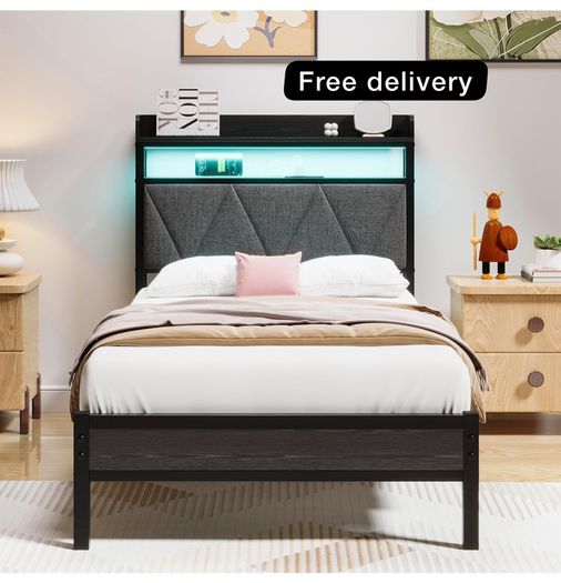 Single Bed Frame with 3ft Upholstered Wooden Storage Headboard, Grey Single Bed Frame with LED Lights & USB Charging, 90x190cm Two-shelf Storage Headboard, Heavy Duty Slats for Small Bedrooms