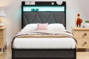Single Bed Frame with 3ft Upholstered Wooden Storage Headboard, Grey Single Bed Frame with LED Lights &amp; USB Charging, 90x190cm Two-shelf Storage Headboard, Heavy Duty Slats for Small Bedrooms
