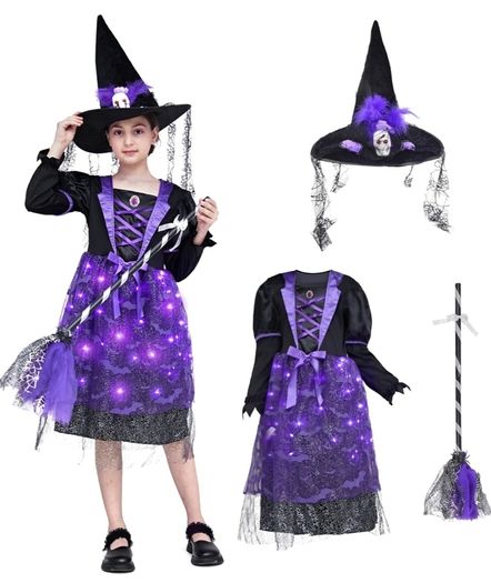 Witch costume with lights, Halloween, girl costume, carnival, cosplay, princess dress with witch broom and hat