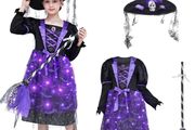 Witch costume with lights, Halloween, girl costume, carnival, cosplay, princess dress with witch broom and hat