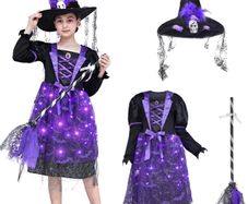 Witch costume with lights, Halloween, girl costume, carnival, cosplay, princess dress with witch broom and hat