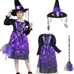 Witch costume with lights, Halloween, girl costume, carnival, cosplay, princess dress with witch broom and hat