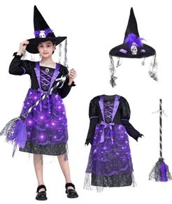Witch costume with lights, Halloween, girl costume, carnival, cosplay, princess dress with witch broom and hat