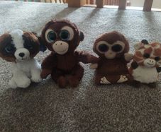 Bundle of 4 Ty Beanie Boos plush toys including the monkey phone holder stand