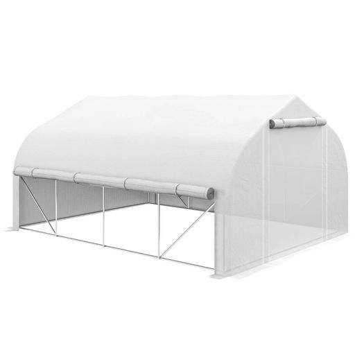 4 x 3(m) Walk-in Polytunnel Greenhouse, Zipped Roll Up Sidewalls, Mesh Door, 8 Mesh Windows, Tunnel Warm House Tent with PE Cover, Complimentary Plant Labels and Gloves, White