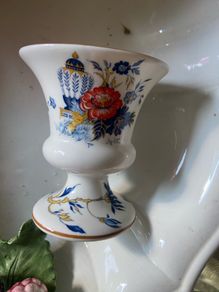 Vintage Crown Staffordshire Penang Flower Vase Urn White Blue Floral Bone China