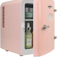 Retro 4L 6 Can Portable Mini Fridge Compact Refrigerator for Bedroom Skincare Cosmetic Beauty Personal Cooler 12V and AC Cords, Desktop Accessory for Home Office Car Dorm Travel (FREE POSTAGE)