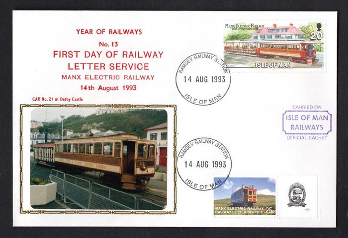 1993 Isle of Man Cover showing Year of Railways No 13 First Day of Railway Letter Service tying 20p commemorative Stamp and local 25 Manx Railway stamp
