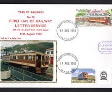 1993 Isle of Man Cover showing Year of Railways No 13 First Day of Railway Letter Service tying 20p commemorative Stamp and local 25 Manx Railway stamp