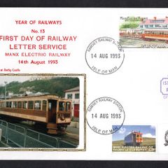 1993 Isle of Man Cover showing Year of Railways No 13 First Day of Railway Letter Service tying 20p commemorative Stamp and local 25 Manx Railway stamp