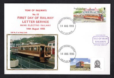 1993 Isle of Man Cover showing Year of Railways No 13 First Day of Railway Letter Service tying 20p commemorative Stamp and local 25 Manx Railway stamp