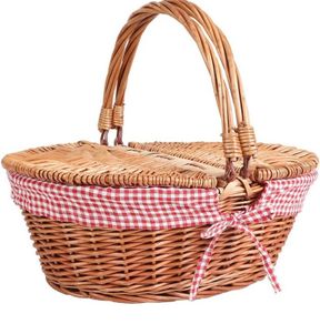 Oval Country Style Wicker Picnic Basket with Folding Handles & Liners for Picnics, Parties and BBQs - 40cm L x 30cm W x 20cm H (FREE POSTAGE)