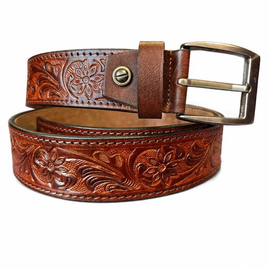 Premium Genuine Leather Belt Dual Tone Vintage Embossed Design with Antique Metal Buckle