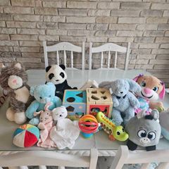 Bag of stuffed animals, comforters & baby toys