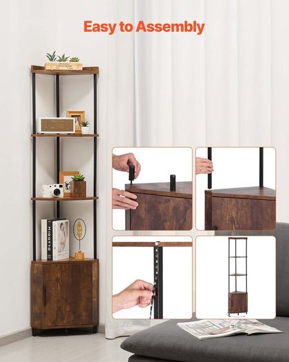 5 Tier Corner Shelf, Tall Corner Stand with LED Light and Doors, Wall Shelves Tower Storage Organizer, Metal Frame & Wooden Shelves