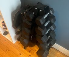 dumbells, rack and bench
