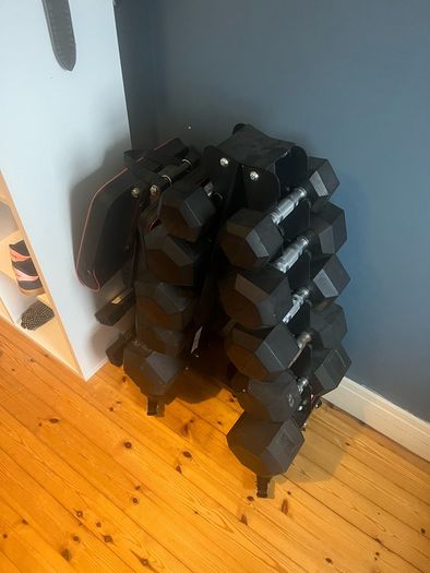 dumbells, rack and bench