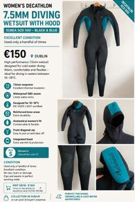 Womens Decathlon Subea SCD 500 7.5mm Diving Wetsuit with Hood Size S