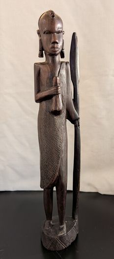 African Wooden Figures Pair Warrior Spear Water Carrier Hand Carved