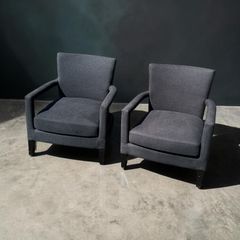 Pair of Charcoal Linen Armchairs- Brass Stud Detail