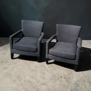 Pair of Charcoal Linen Armchairs- Brass Stud Detail