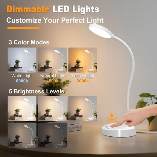 60 LED Desk Lamp with USB Charging Ports  Dimmable Table Lamp with 3 Color Temps, 5 Brightness, 4 Timers, 15W Flexible Gooseneck Light with Base, Eye-Caring Reading Light for Home Office, Bedroom
