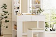 Dressing Table with Stool and Mirror, Dressing Table with LED Lighting with 3 Colours, Adjustable Brightness, Cosmetic Table with 2 Drawers, Open Compartments, Modern (White)