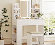 Dressing Table with Stool and Mirror, Dressing Table with LED Lighting with 3 Colours, Adjustable Brightness, Cosmetic Table with 2 Drawers, Open Compartments, Modern (White)