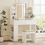Dressing Table with Stool and Mirror, Dressing Table with LED Lighting with 3 Colours, Adjustable Brightness, Cosmetic Table with 2 Drawers, Open Compartments, Modern (White) Image 7