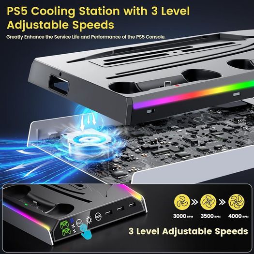 PS5/Slim/Pro Stand with Adjustable Cooling Fan, Vertical PS5 Cooling Charger Stand for PS5/Slim/Pro, Multifunctional PS5 Slim Cooling Station with Dual Controller Chargers and RGB Light