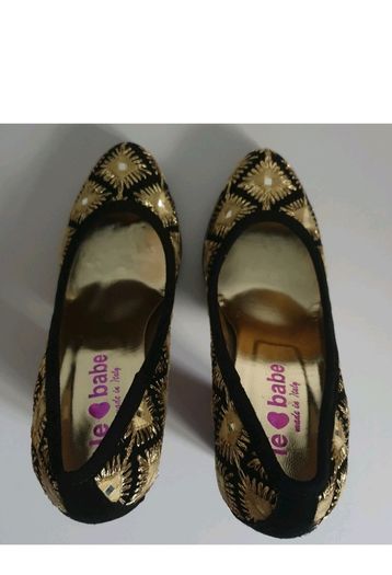 Le Babe Mirror 5019 Black Gold Embroidered Block Heel Court Shoes EU36 BNIB CAN POST