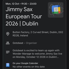 Jimmy Sax 12.10.26 in Dublin, Button Factory, 2x tickets