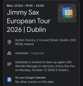 Jimmy Sax 12.10.26 in Dublin, Button Factory, 2x tickets
