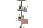 Shower Corner Caddy Tension Pole, 56" to 114" High, Multi-Functional Shower Tension Pole with Strong Load-Bearing Tray