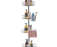 Shower Corner Caddy Tension Pole, 56" to 114" High, Multi-Functional Shower Tension Pole with Strong Load-Bearing Tray