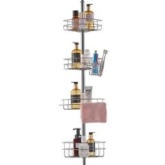 Shower Corner Caddy Tension Pole, 56" to 114" High, Multi-Functional Shower Tension Pole with Strong Load-Bearing Tray