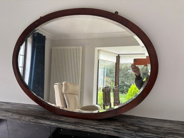 Large Antique Edwardian Oval Mahogany Wall Mirror - Bevelled Glass c.1910