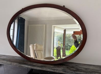 Large Antique Edwardian Oval Mahogany Wall Mirror - Bevelled Glass c.1910
