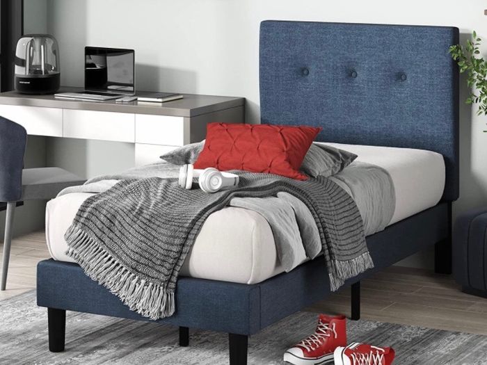 36 cm Upholstered Platform Bed Frame | Mattress Foundation | Wood Slat Support | For Adults, Kids, Teenagers | Easy Assembly | Single | Navy (MATRESS NOT INCLUDED)