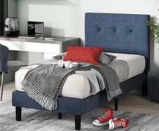 36 cm Upholstered Platform Bed Frame | Mattress Foundation | Wood Slat Support | For Adults, Kids, Teenagers | Easy Assembly | Single | Navy (MATRESS NOT INCLUDED)