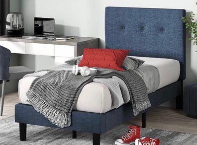 36 cm Upholstered Platform Bed Frame | Mattress Foundation | Wood Slat Support | For Adults, Kids, Teenagers | Easy Assembly | Single | Navy (MATRESS NOT INCLUDED)